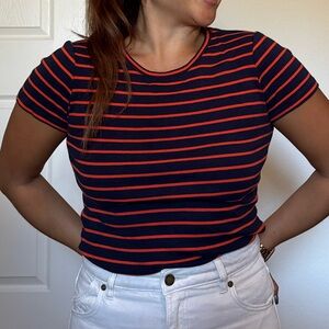 J. Crew Navy and Red Striped Short Sleeve Tee
